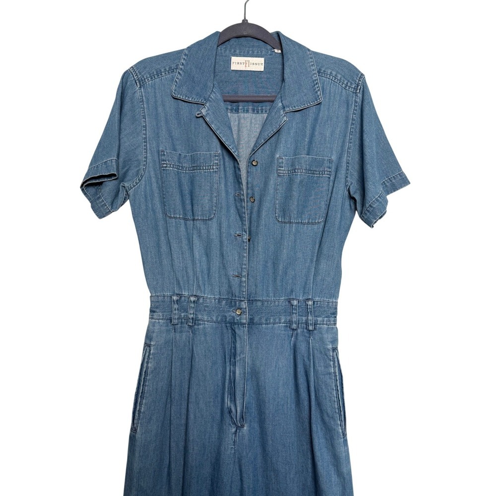 Vintage 90s Denim Jumpsuit Short Sleeve Collared Button Up Blue Size 3